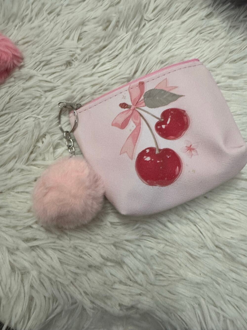 Pink cherry coin purse with pom pom keychain